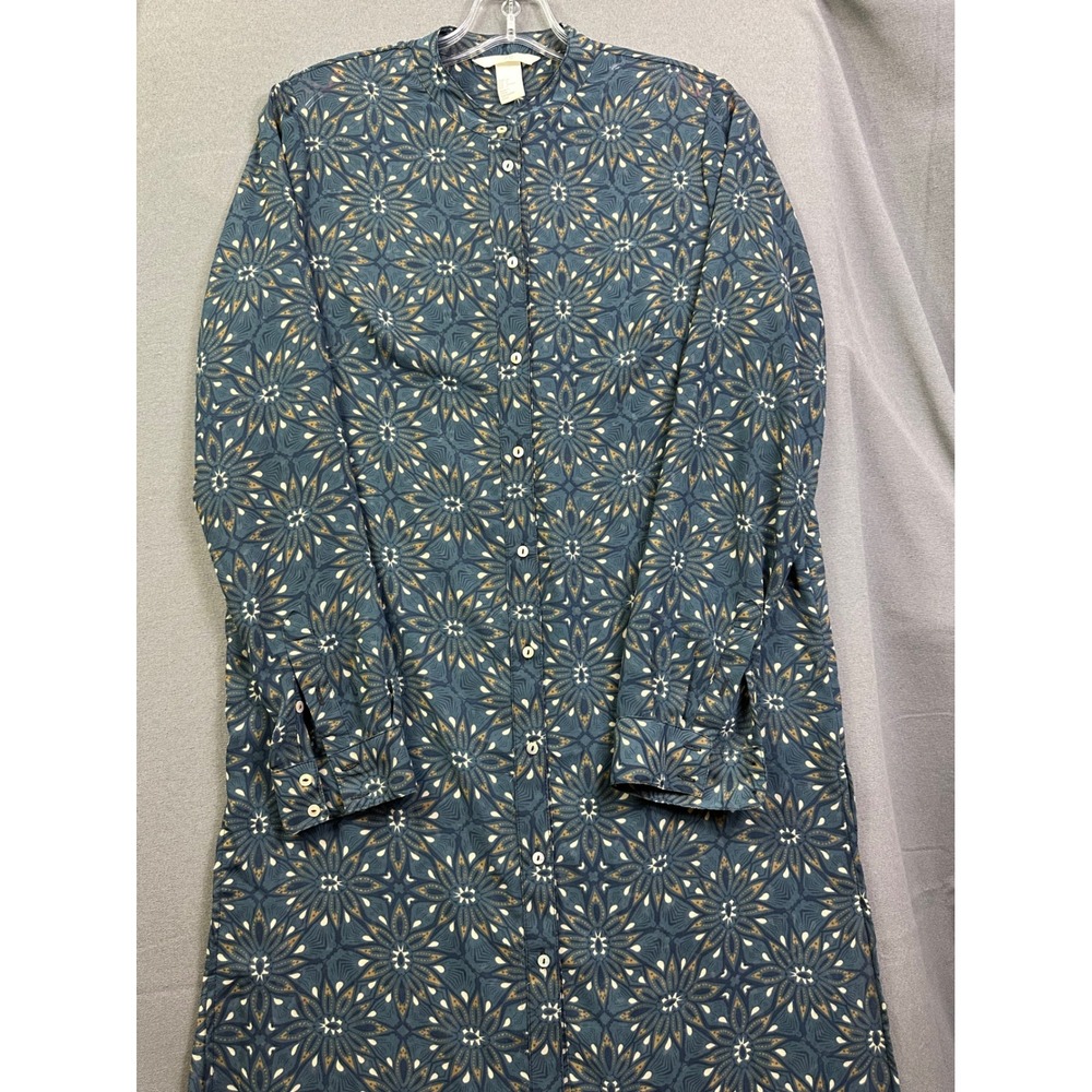 H&M Green Floral Sunburst Print Button Down Shirt Dress Band Collar Size 6